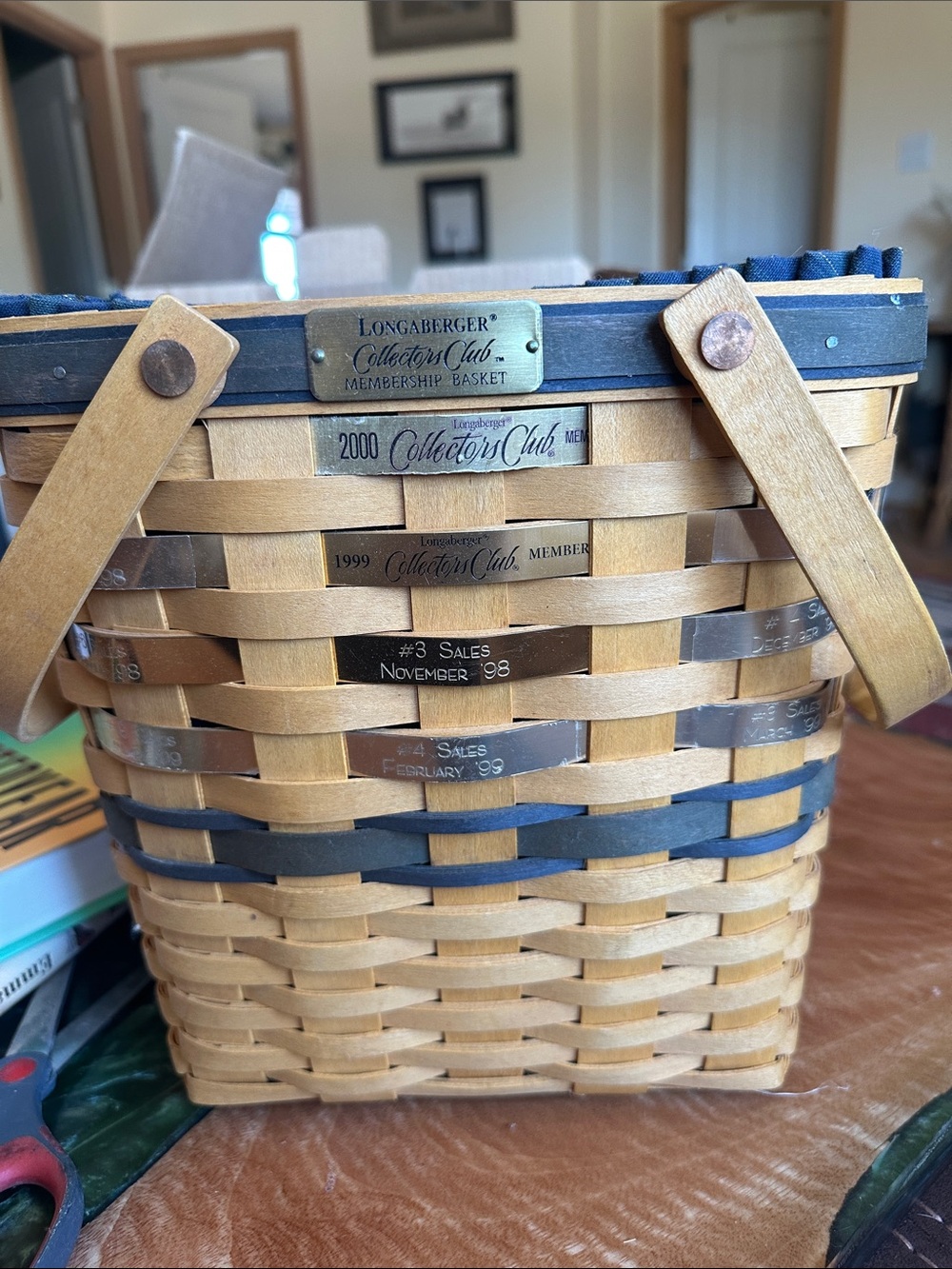 Longaberger Natural and Navy Blue Woven Collector Basket
